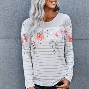 White Floral Striped Print Long Sleeve Top